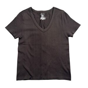 No Boundaries Girls XL 15-17 Black Ribbed V-Neck Short Sleeve T-Shirt